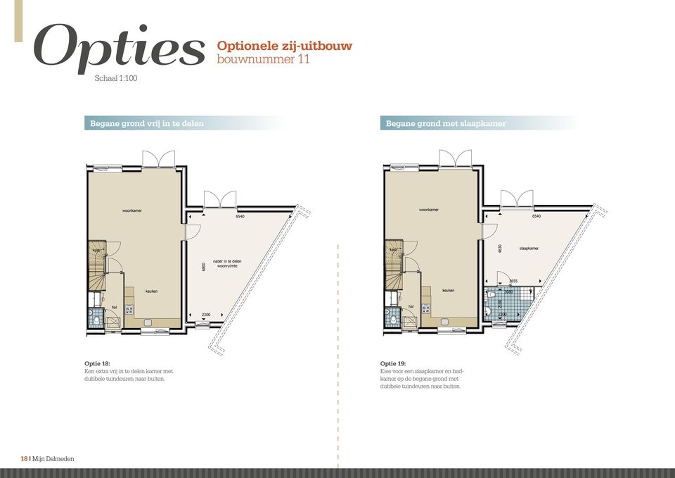 3080 2300 2300 Optie 18: Een extra vrij in te delen kamer met dubbele tuindeuren naar buiten.