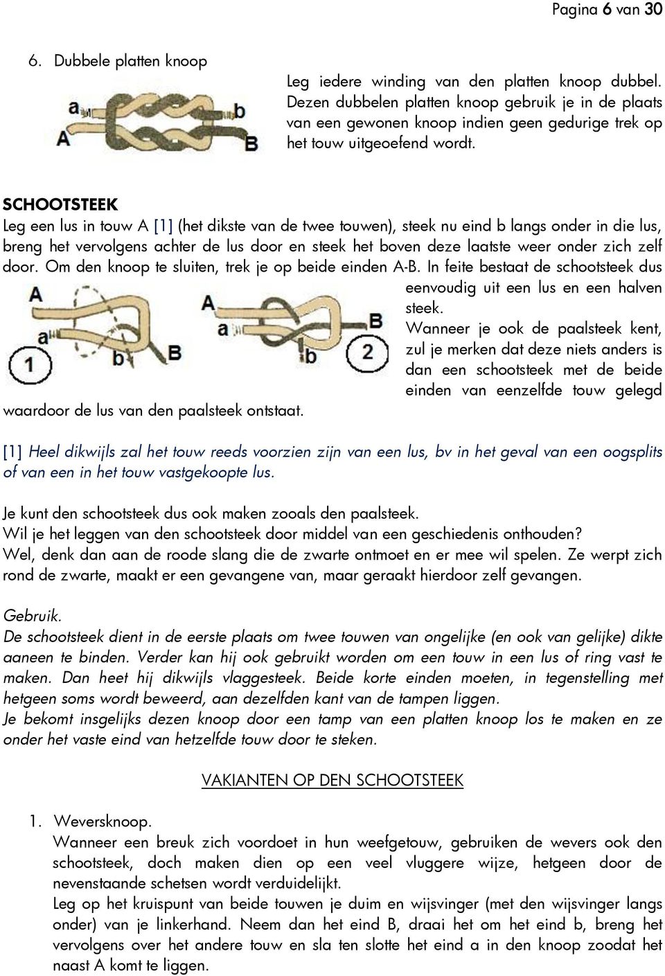 SCHOOTSTEEK Leg een lus in touw A [1] (het dikste van de twee touwen), steek nu eind b langs onder in die lus, breng het vervolgens achter de lus door en steek het boven deze laatste weer onder zich