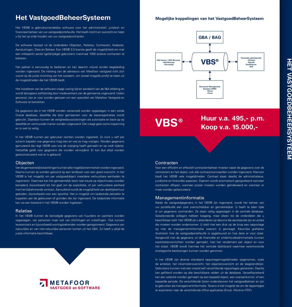 Mogelijke koppelingen van het VastgoedBeheerSysteem GBA / BAG De software bestaat uit de onderdelen Objecten, Relaties, Contracten, Kadaster, Aansluitingen, Data en Beheer. Een VBS 3.