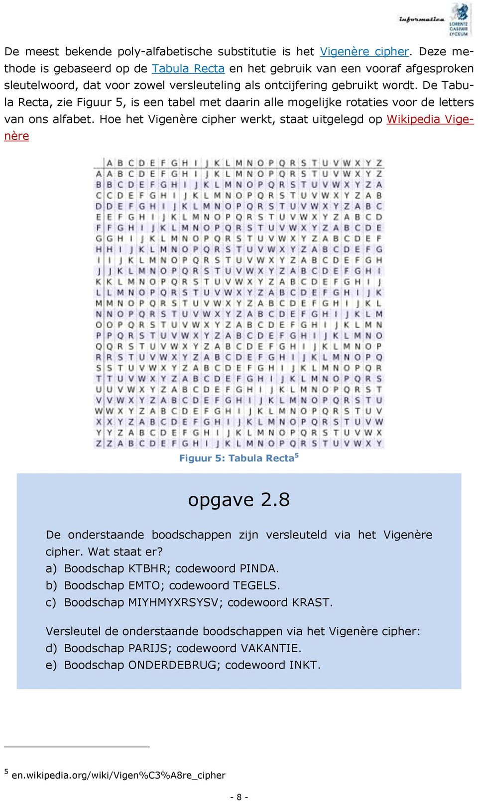 De Tabula Recta, zie Figuur 5, is een tabel met daarin alle mogelijke rotaties voor de letters van ons alfabet.