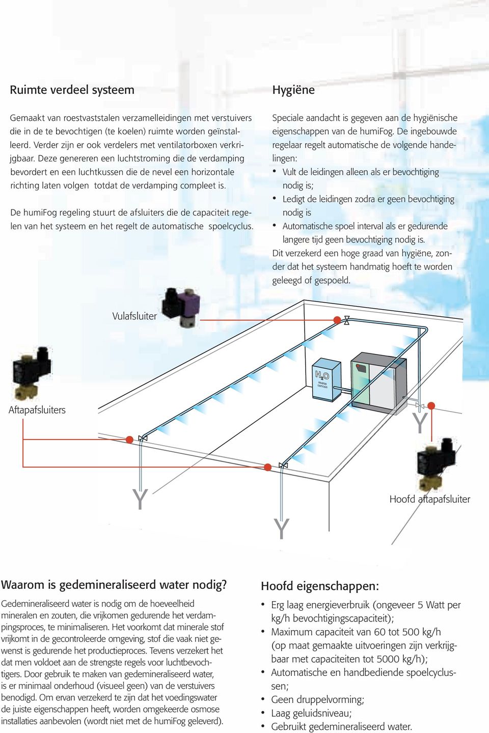 Deze genereren een luchtstroming die de verdamping bevordert en een luchtkussen die de nevel een horizontale richting laten volgen totdat de verdamping compleet is.