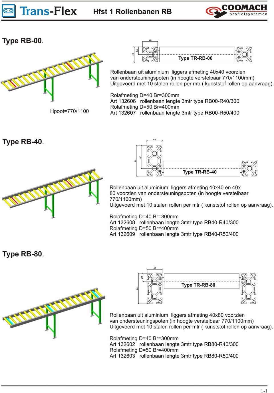 aanvraag). Hpoot=770/1100 Rolafmeting D=40 Br=300mm Art 132606 rollenbaan lengte 3mtr type RB00-R40/300 Rolafmeting D=50 Br=400mm Art 132607 rollenbaan lengte 3mtr type RB00-R50/400 Type RB-40.