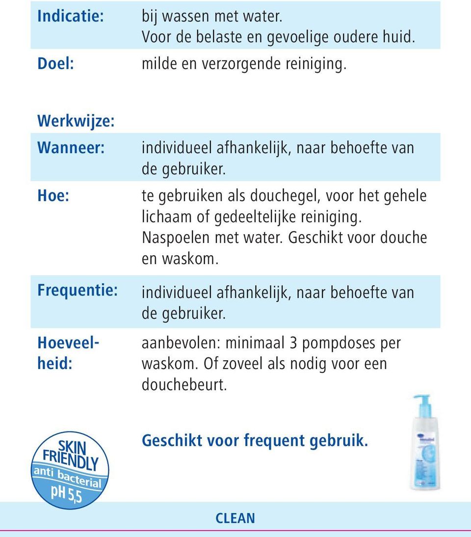 te gebruiken als douchegel, voor het gehele lichaam of gedeeltelijke reiniging. Naspoelen met water. Geschikt voor douche en waskom.