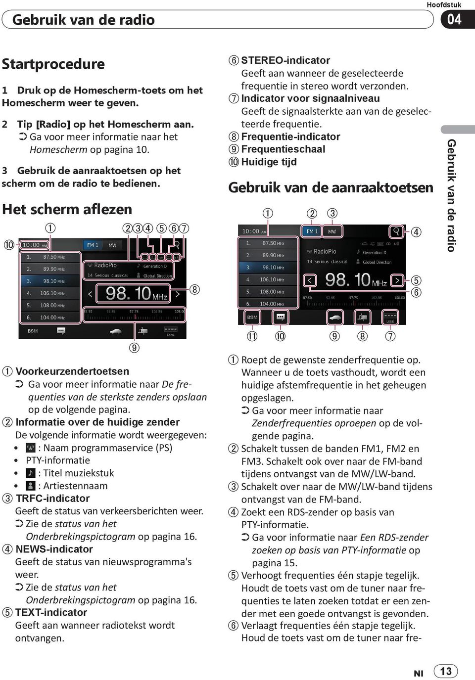 Het scherm aflezen STEREO-indicator Geeft aan wanneer de geselecteerde frequentie in stereo wordt verzonden. Indicator voor signaalniveau Geeft de signaalsterkte aan van de geselecteerde frequentie.