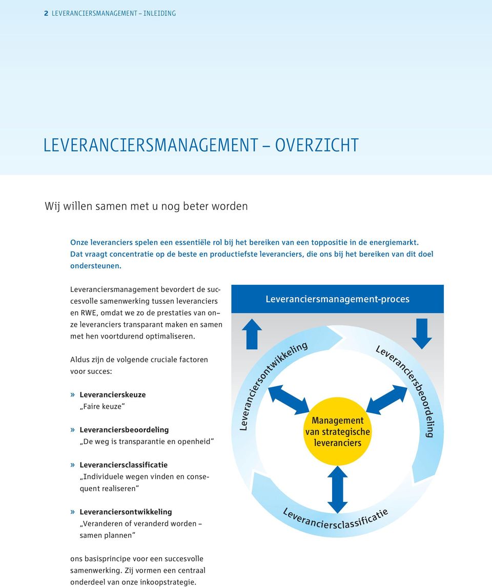 Leveranciersmanagement bevordert de succesvolle samenwerking tussen leveranciers en RWE, omdat we zo de prestaties van on ze leveranciers transparant maken en samen met hen voortdurend optimaliseren.