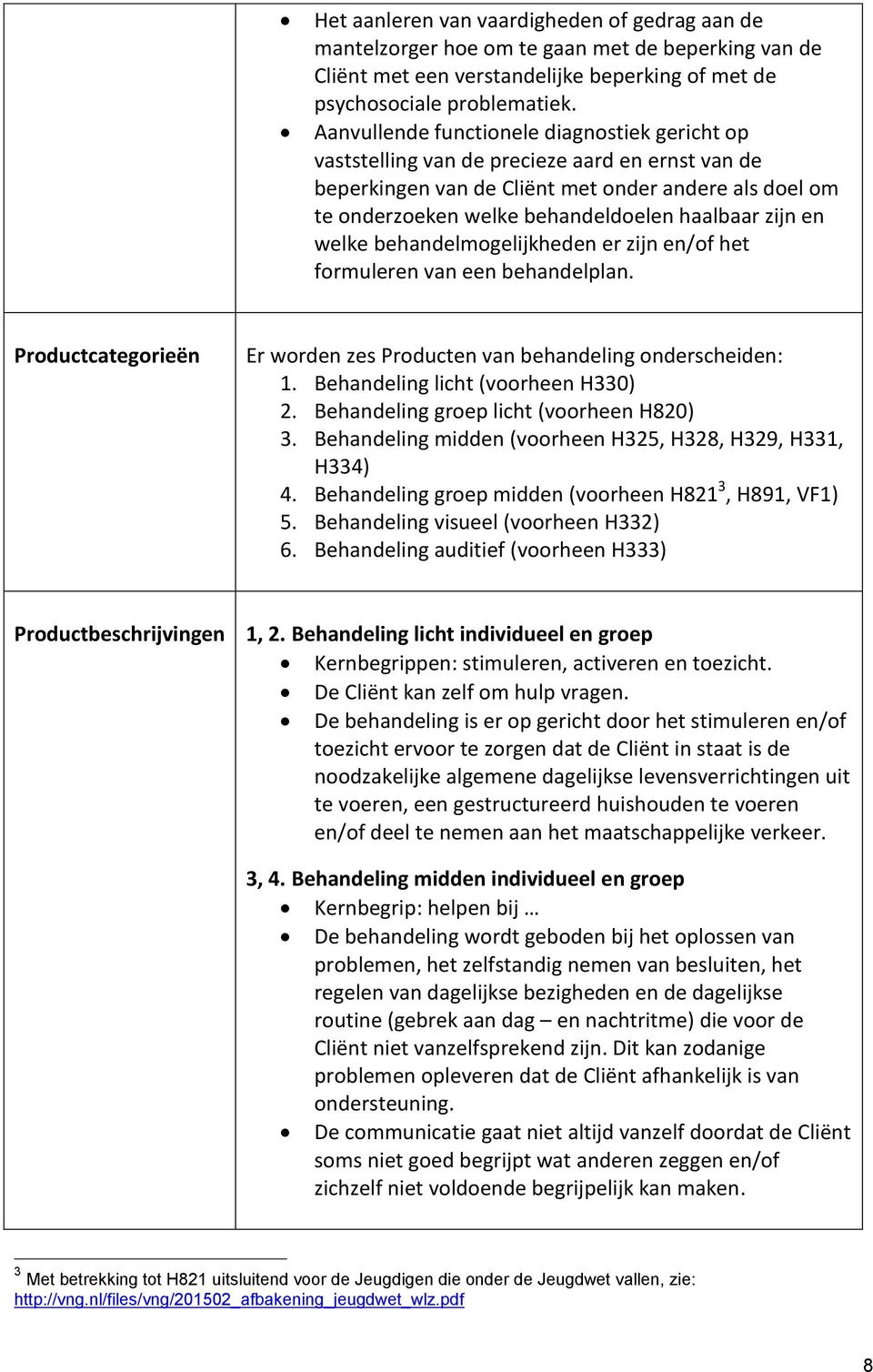 zijn en welke behandelmogelijkheden er zijn en/of het formuleren van een behandelplan. Productcategorieën Er worden zes Producten van behandeling onderscheiden: 1. Behandeling licht (voorheen H330) 2.