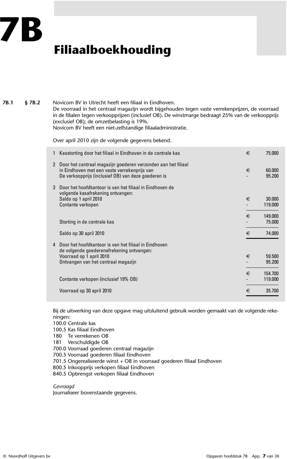 De winstmarge bedraagt 25% van de verkoopprijs (exclusief OB); de omzetbelasting is 19%. Novicom BV heeft een niet-zelfstandige filiaaladministratie. Over april 2010 zijn de volgende gegevens bekend.