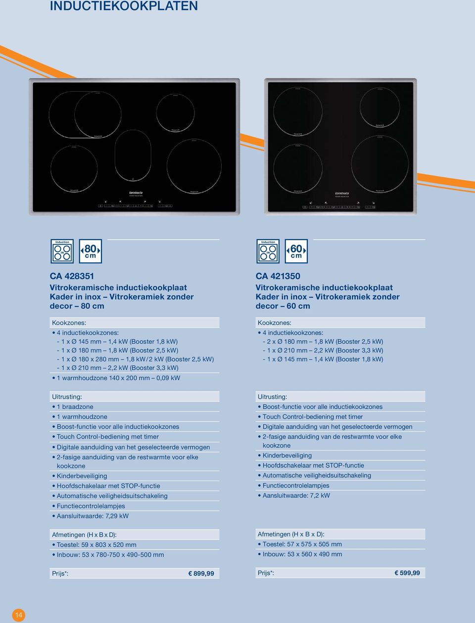 inductiekookzones Touch Control-bediening met timer Digitale aanduiding van het geselecteerde vermogen 2-fasige aanduiding van de restwarmte voor elke kookzone Kinderbeveiliging Hoofdschakelaar met