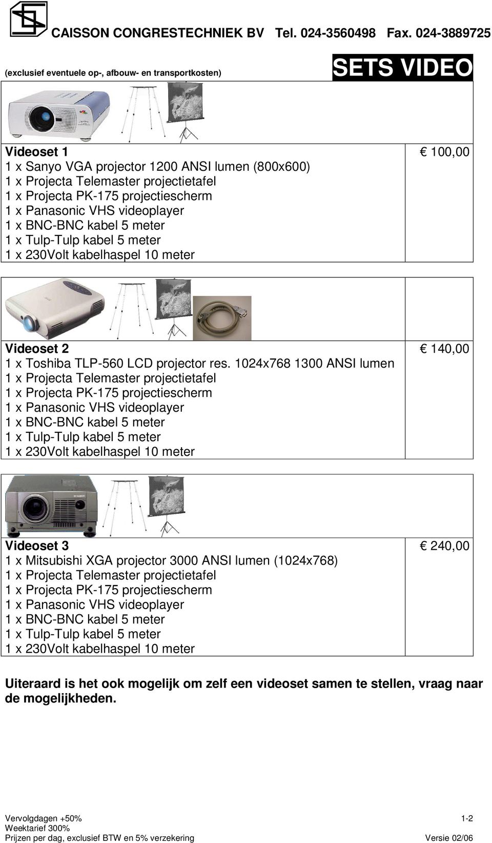 1024x768 1300 ANSI lumen 1 x Projecta Telemaster projectietafel 1 x Projecta PK-175 projectiescherm 1 x Panasonic VHS videoplayer 1 x BNC-BNC kabel 5 meter 1 x Tulp-Tulp kabel 5 meter 1 x 230Volt