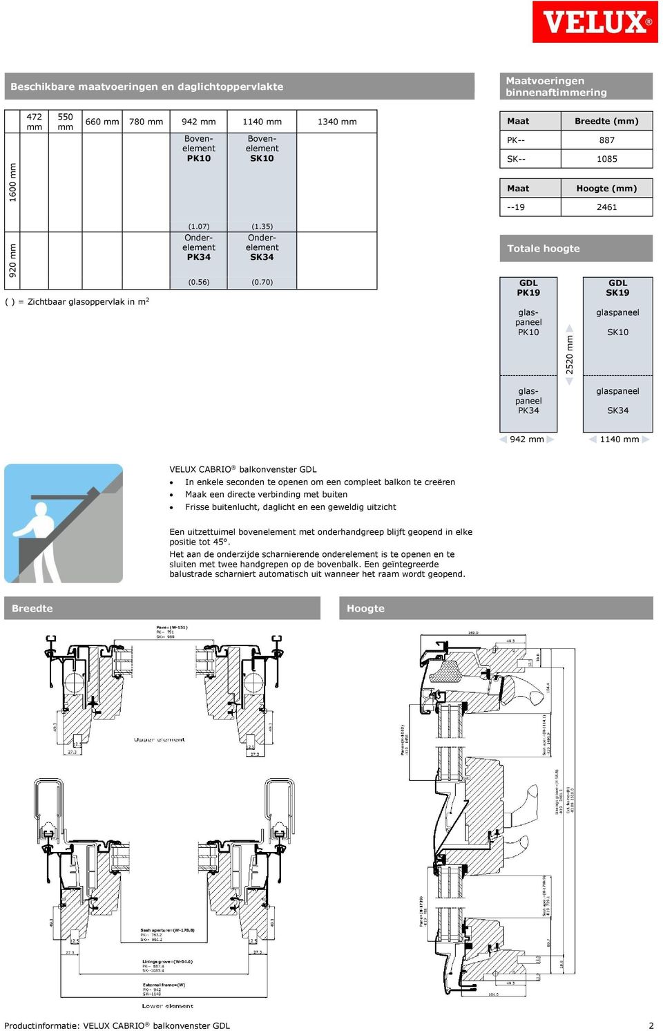 70) Totale hoogte GDL PK19 PK10 2520 mm GDL SK19 SK10 PK34 SK34 942 mm 1140 mm VELUX CABRIO balkonvenster GDL In enkele seconden te openen om een compleet balkon te creëren Maak een directe