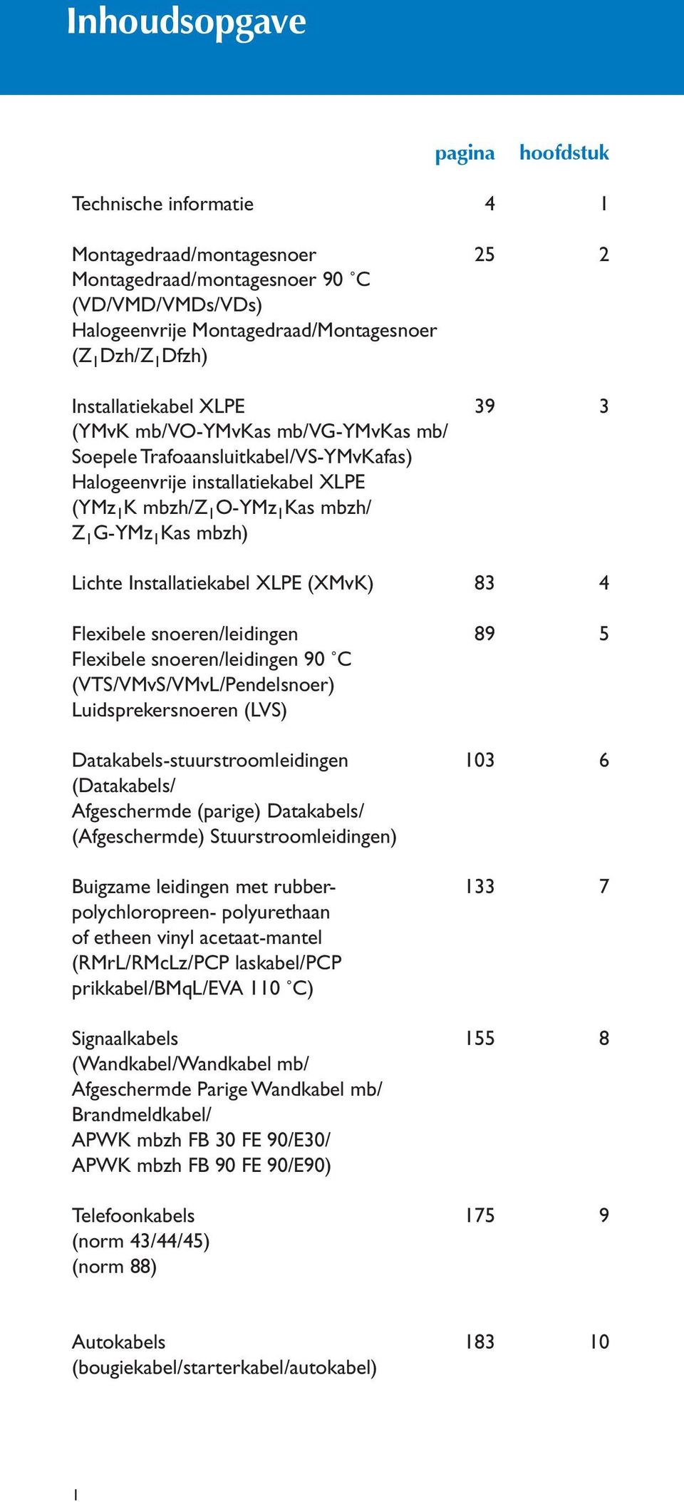 Lichte Installatiekabel XLPE (XMvK) 8 4 Flexibele snoeren/leidingen 89 5 Flexibele snoeren/leidingen 90 C (VTS/VMvS/VMvL/Pendelsnoer) Luidsprekersnoeren (LVS) Datakabels-stuurstroomleidingen 0 6