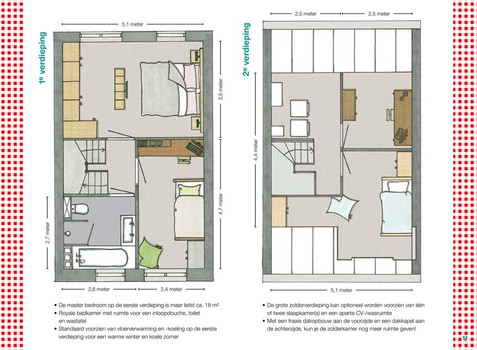 18 m² Royale badkamer met ruimte voor een inloopdouche, toilet en wastafel Standaard voorzien van vloerverwarming en -koeling op de eerste verdieping voor