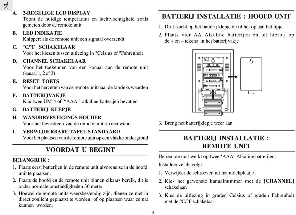 RESET TOETS Voor het herzetten van de remote unit naar de fabrieks waarden F. BATTERIJVAKJE Kan twee UM-4 of AAA alkaline batterijen bevatten G. BATTERIJ KLEPJE H.