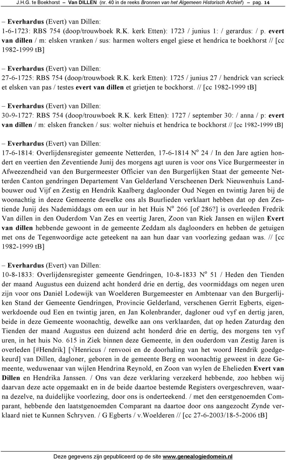 evert van dillen / m: elsken vranken / sus: harmen wolters engel giese et hendrica te boekhorst // [cc 1982-1999 tb] Everhardus (Evert) van Dillen: 27-6-1725: RBS 754 (doop/trouwboek R.K.