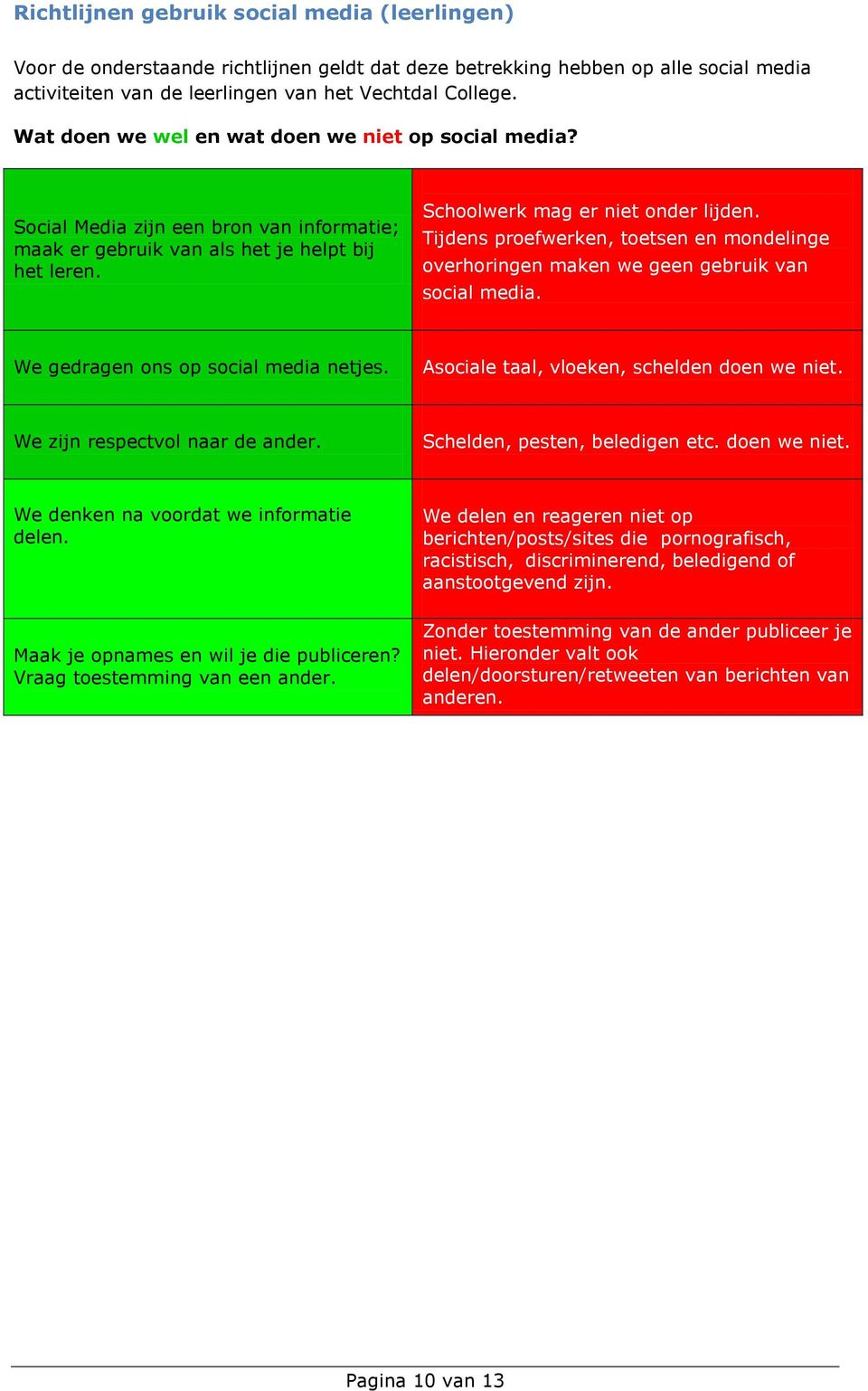 Tijdens proefwerken, toetsen en mondelinge overhoringen maken we geen gebruik van social media. We gedragen ons op social media netjes. Asociale taal, vloeken, schelden doen we niet.