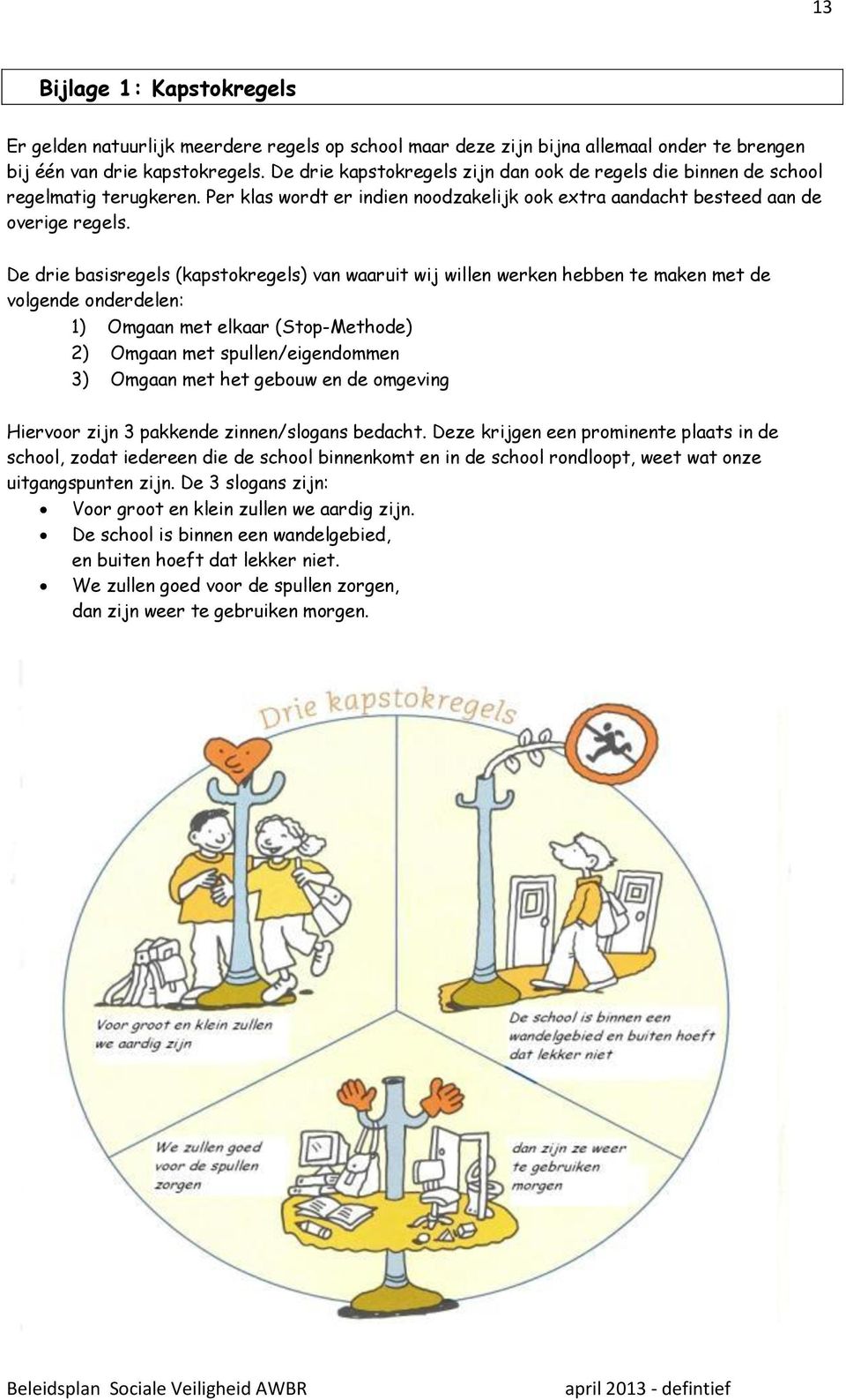 De drie basisregels (kapstokregels) van waaruit wij willen werken hebben te maken met de volgende onderdelen: 1) Omgaan met elkaar (Stop-Methode) 2) Omgaan met spullen/eigendommen 3) Omgaan met het