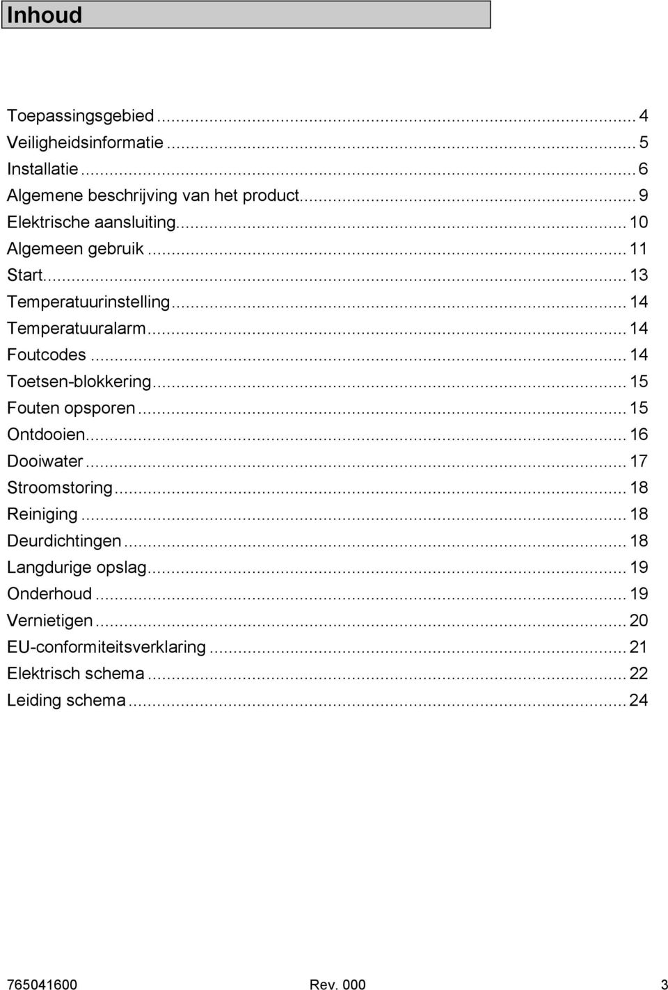 .. 14 Toetsen-blokkering... 15 Fouten opsporen... 15 Ontdooien... 16 Dooiwater... 17 Stroomstoring... 18 Reiniging... 18 Deurdichtingen.