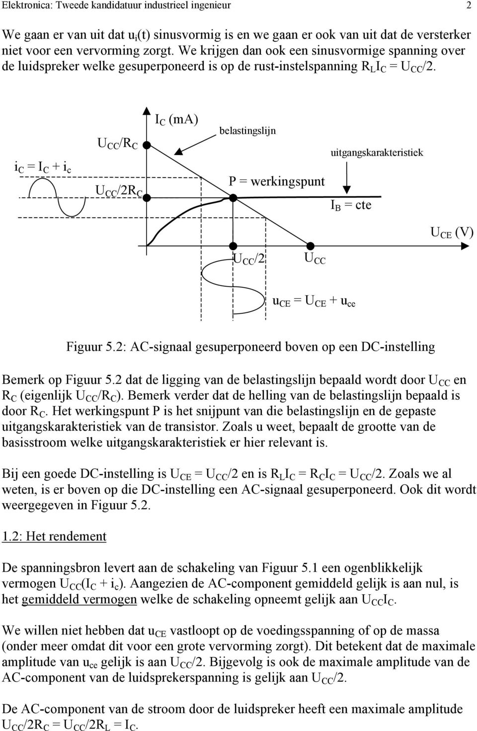 i C = I C + i c /R C /2R C I C (ma) belastingslijn uitgangskarakteristiek P = werkingspunt I B = cte U CE (V) /2 u CE = U CE + u ce Bemerk op Figuur 5.