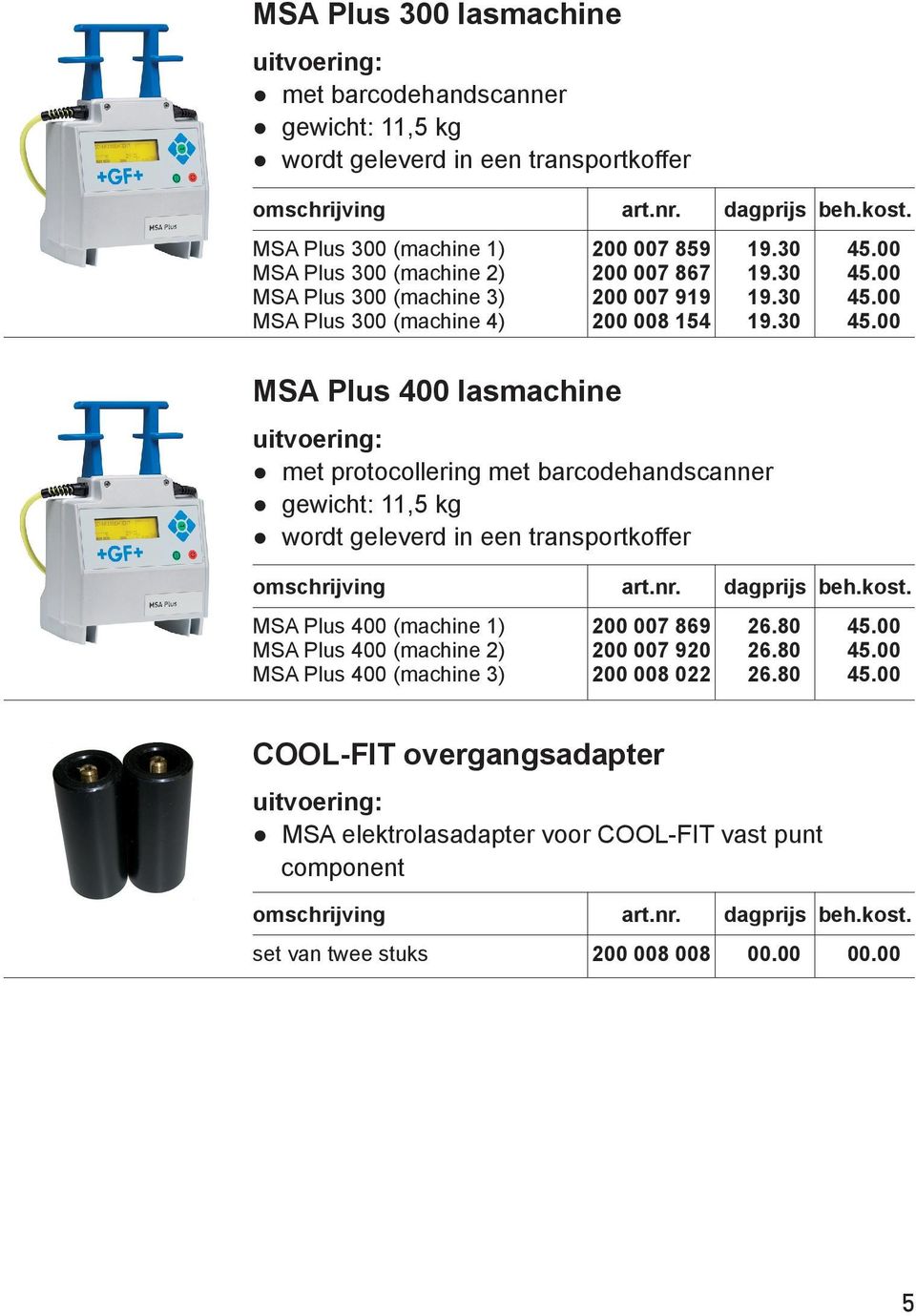 barcodehandscanner gewicht: 11,5 kg wordt geleverd in een transportkoffer MSA Plus 400 (machine 1) MSA Plus 400 (machine 2) MSA Plus 400 (machine 3) 200 007