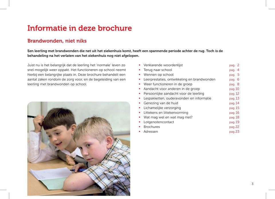 Het functioneren op school neemt hierbij een belangrijke plaats in. Deze brochure behandelt een aantal zaken rondom de zorg voor, en de begeleiding van een leerling met brandwonden op school.