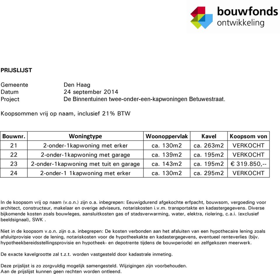 195m2 VERKOCHT 23 2-onder-1kapwoning met tuit en garage ca. 143m2 ca. 195m2 319.850,-- 24 2-onder-1 1kapwoning met erker ca. 130m2 ca. 295m2 VERKOCHT In de koopsom vrij op naam (v.o.n.) zijn o.a. inbegrepen: Eeuwigdurend afgekochte erfpacht, bouwsom, vergoeding voor architect, constructeur, makelaar en overige adviseurs, notariskosten i.