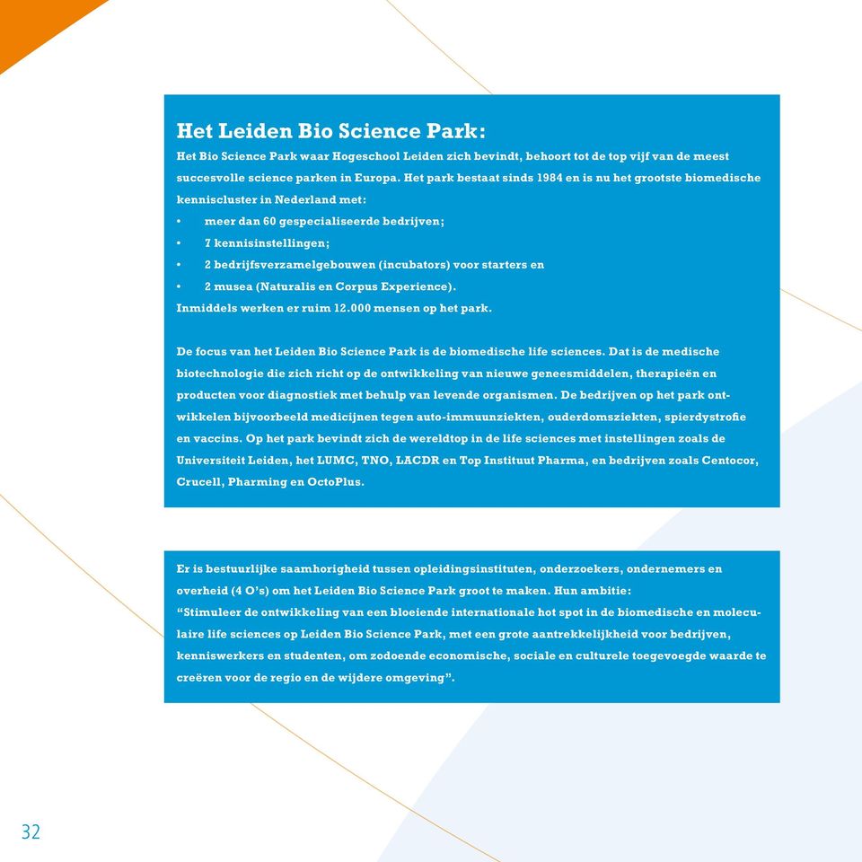 voor starters en 2 musea (Naturalis en Corpus Experience). Inmiddels werken er ruim 12.000 mensen op het park. De focus van het Leiden Bio Science Park is de biomedische life sciences.