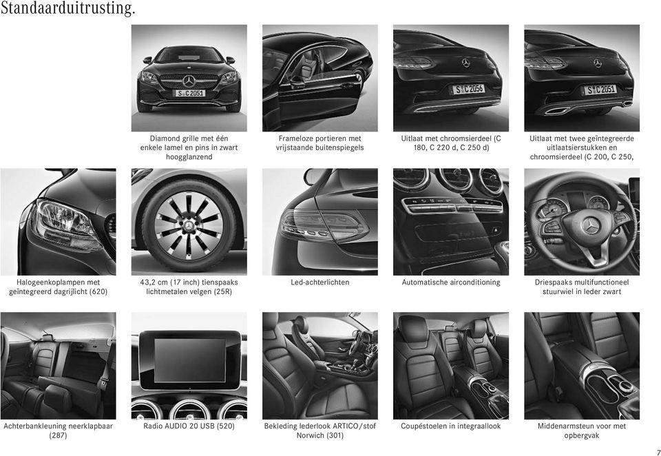 250 d) Uitlaat met twee geïntegreerde uitlaatsierstukken en chroomsierdeel (C 200, C 250, Halogeenkoplampen met geïntegreerd dagrijlicht (620) 43,2 cm (17 inch)