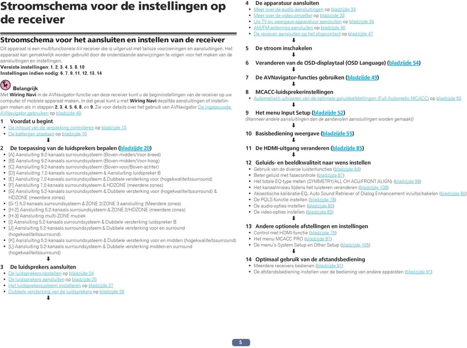 Vereiste instellingen: 1, 2, 3, 4, 5, 8, 10 Instellingen indien nodig: 6, 7, 9, 11, 12, 13, 14 Belangrijk Met Wiring Navi in de AVNavigator-functie van deze receiver kunt u de begininstellingen van