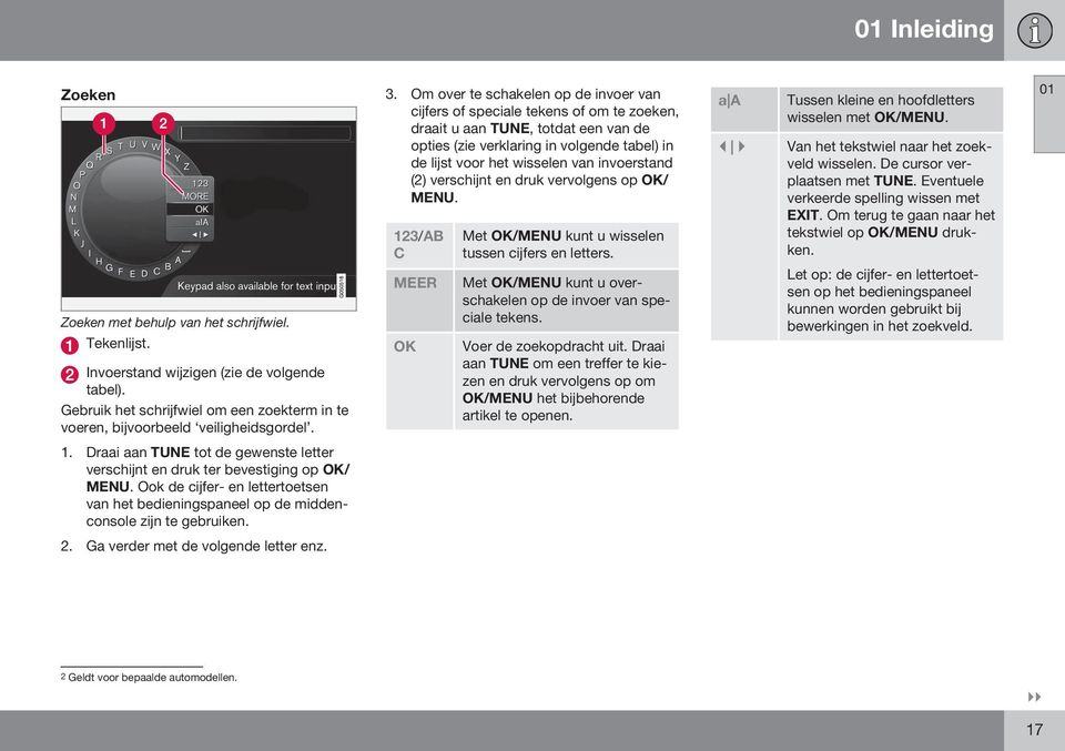 Om over te schakelen op de invoer van cijfers of speciale tekens of om te zoeken, draait u aan TUNE, totdat een van de opties (zie verklaring in volgende tabel) in de lijst voor het wisselen van