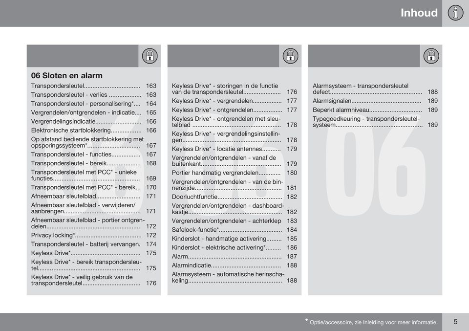 .. 167 Transpondersleutel - bereik... 168 Transpondersleutel met PCC* - unieke functies... 169 Transpondersleutel met PCC* - bereik... 170 Afneembaar sleutelblad.