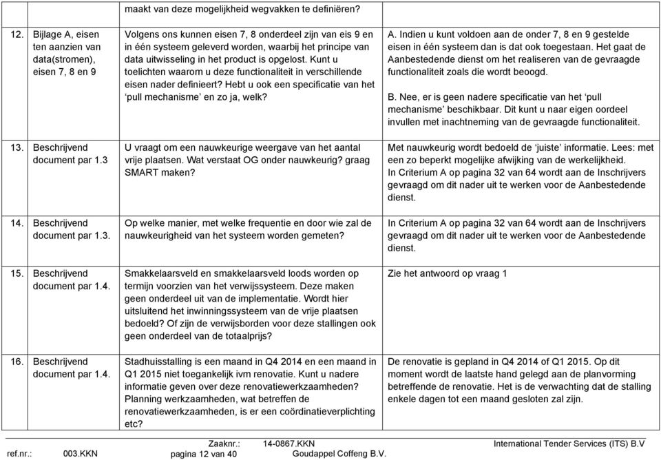 Volgens ons kunnen eisen 7, 8 onderdeel zijn van eis 9 en in één systeem geleverd worden, waarbij het principe van data uitwisseling in het product is opgelost.