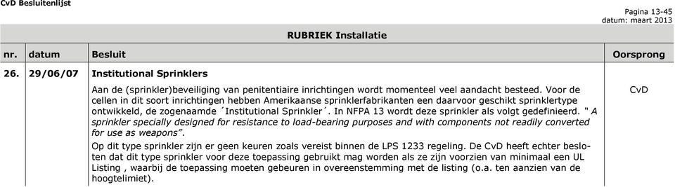 In NFPA 13 wordt deze sprinkler als volgt gedefinieerd. A sprinkler specially designed for resistance to load-bearing purposes and with components not readily converted for use as weapons.