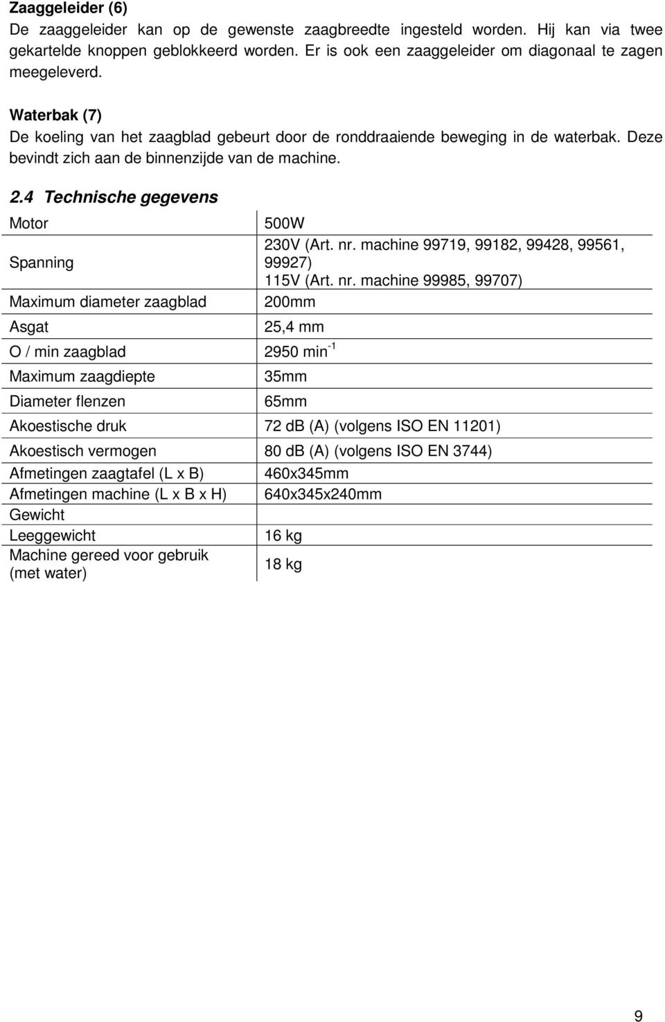 4 Technische gegevens Motor Spanning Maximum diameter zaagblad Asgat 500W 230V (Art. nr.