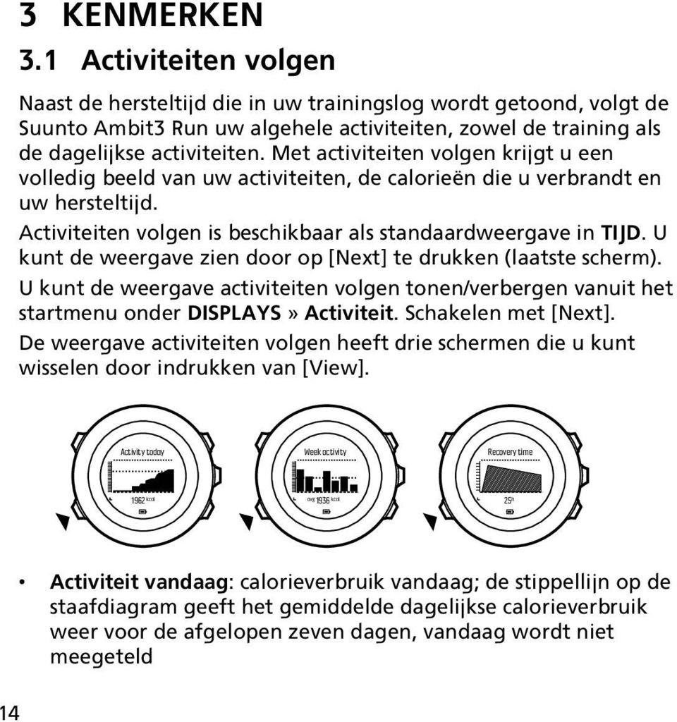 U kunt de weergave zien door op [Next] te drukken (laatste scherm). U kunt de weergave activiteiten volgen tonen/verbergen vanuit het startmenu onder DISPLAYS» Activiteit. Schakelen met [Next].