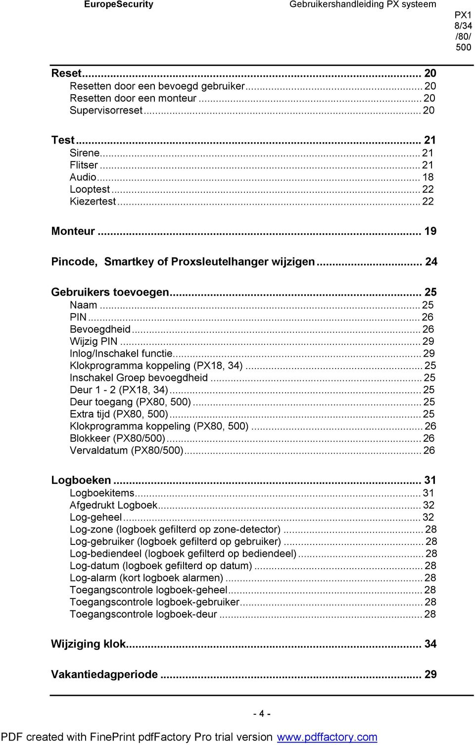 ..25 Inschakel Groep bevoegdheid...25 Deur 1-2 (8, 34)...25 Deur toegang (PX80, )...25 Extra tijd (PX80, )...25 Klokprogramma koppeling (PX80, )...26 Blokkeer (PX80/)...26 Vervaldatum (PX80/).