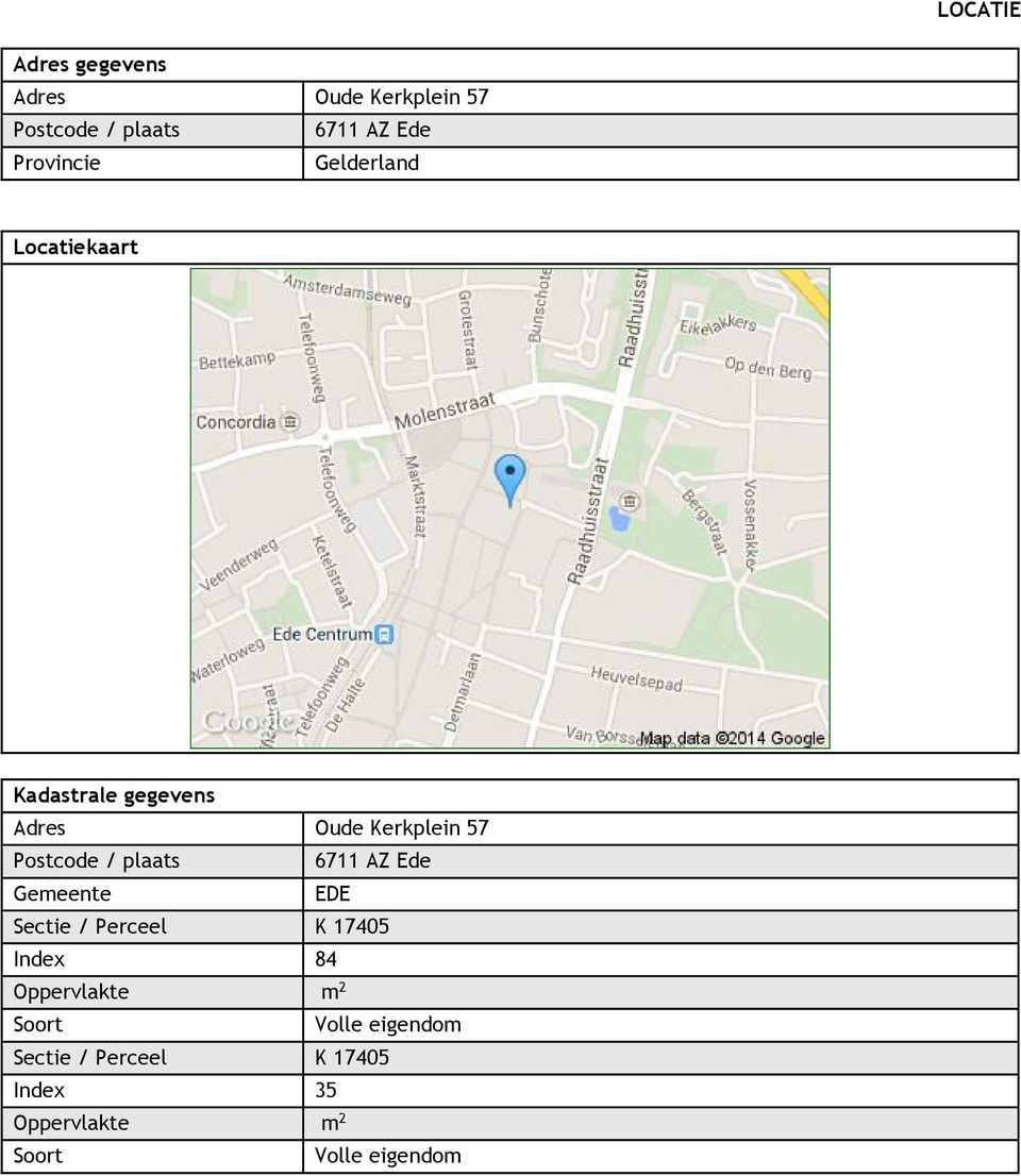 Postcode / plaats 6711 AZ Ede Gemeente EDE Sectie / Perceel K 17405 Index 84