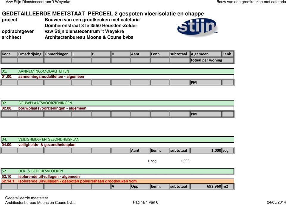 aannemingsmodaliteiten - algemeen PM 02. BOUWPLAATSVOORZIENINGEN 02.00. bouwplaatsvoorzieningen - algemeen PM 04. VEILIGHEIDS- EN GEZONDHEISPLAN 04.00. veiligheids- & gezondheidsplan Aant. Eenh.