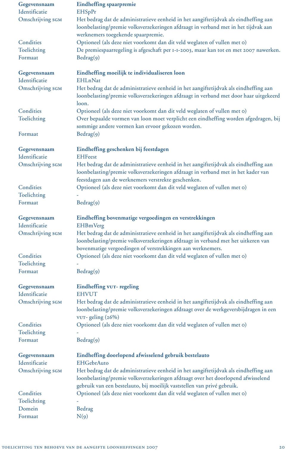 Bedrag(9) Eindheffing moeilijk te individualiseren loon EHLnNat Het bedrag dat de administratieve eenheid in het aangiftetijdvak als eindheffing aan loonbelasting/premie volksverzekeringen afdraagt