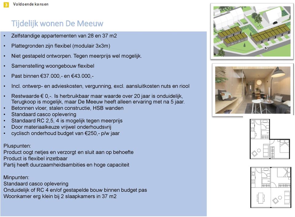 Is herbruikbaar maar waarde over 20 jaar is onduidelijk, Terugkoop is mogelijk, maar De Meeuw heeft alleen ervaring met na 5 jaar.