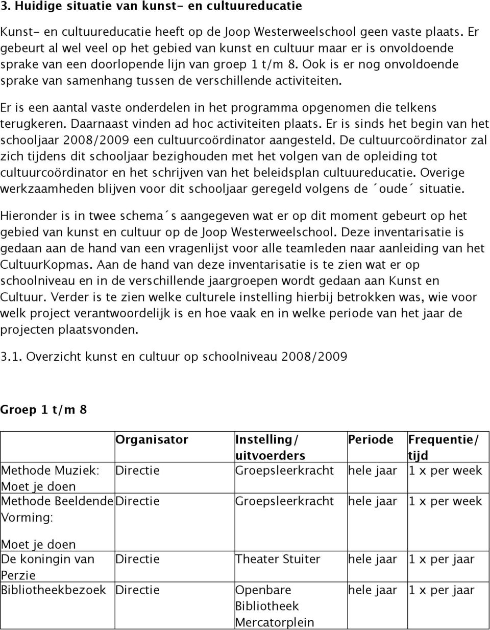 Ook is er nog onvoldoende sprake van samenhang tussen de verschillende activiteiten. Er is een aantal vaste onderdelen in het programma opgenomen die telkens terugkeren.