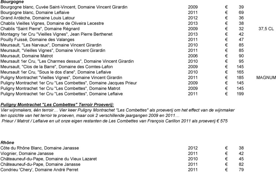 "Les Narvaux", Domaine Vincent Girardin 2010 85 Meursault, "Vieilles Vignes", Domaine Vincent Girardin 2011 85 Meursault, Domaine Matrot 2006 90 Meursault 1er Cru, "Les Charmes dessus", Domaine