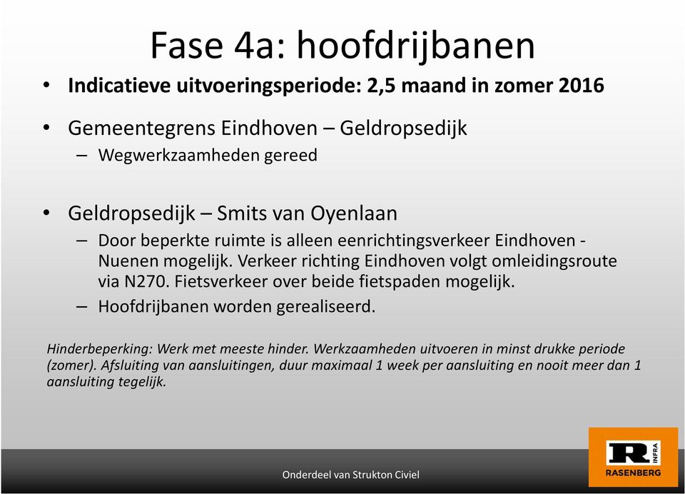 Verkeer richting Eindhoven volgt omleidingsroute via N270. Fietsverkeer over beide fietspaden mogelijk. Hoofdrijbanen worden gerealiseerd.