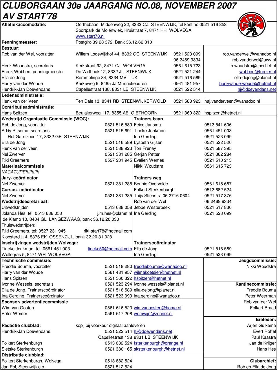 nl Penningmeester: Postgiro 39 28 372, Bank 36.12.62.310 Bestuur: Rob van der Wel, voorzitter Willem Lodewijkhof 44, 8332 GC STEENWIJK 0521 523 099 rob.vanderwel@wanadoo.nl 06 2469 9334 rob.