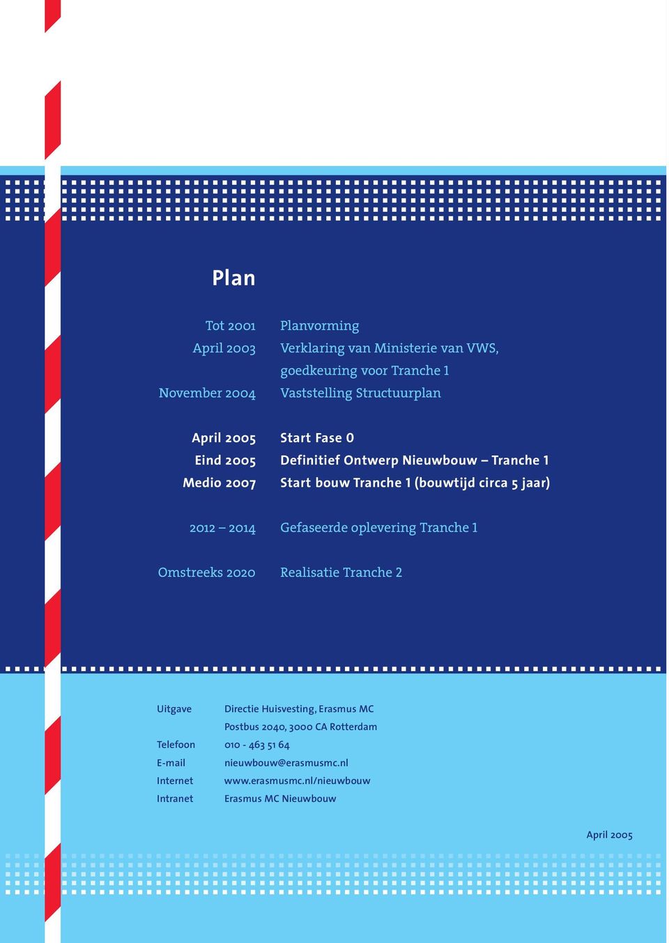 jaar) 2012 2014 Gefaseerde oplevering Tranche 1 Omstreeks 2020 Realisatie Tranche 2 Uitgave Directie Huisvesting, Erasmus MC Postbus