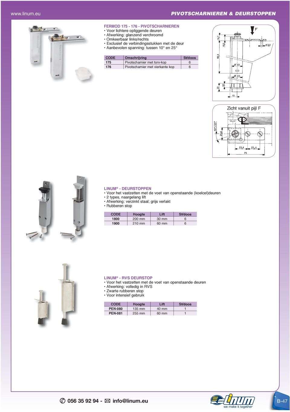 de voet van openstaande (koelcel)deuren 2 types, naargelang lift Afwerking: verzinkt staal; grijs verlakt Rubberen stop CODE Hoogte Lift St/doos 800 200 mm 30 mm 6 900 20 mm 60 mm 6 LINUM - RVS