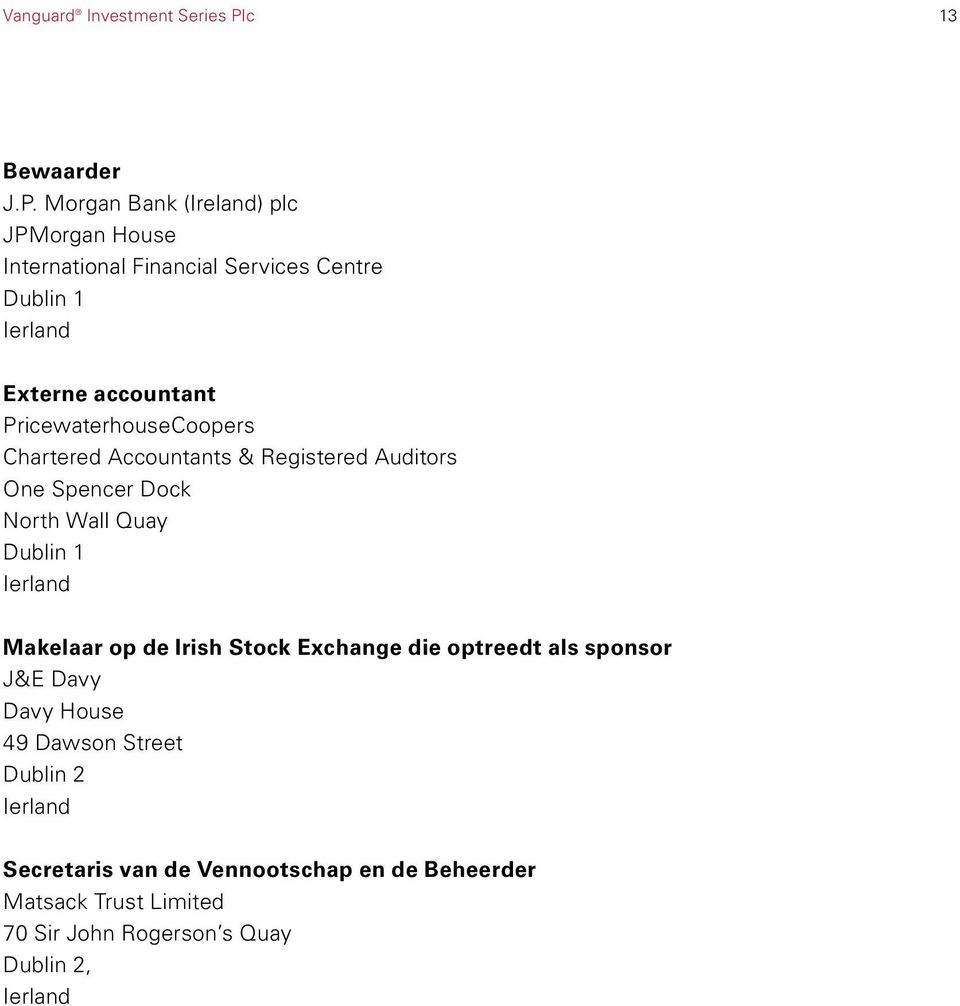 Morgan Bank (Ireland) plc JPMorgan House International Financial Services Centre Dublin 1 Ierland Externe accountant