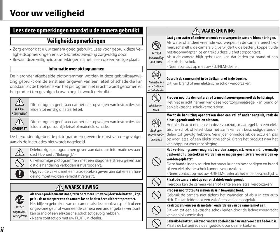 Informatie over pictogrammen De hieronder afgebeelde pictogrammen worden in deze gebruiksaanwijzing gebruikt om de ernst aan te geven van een letsel of schade die kan ontstaan als de betekenis van