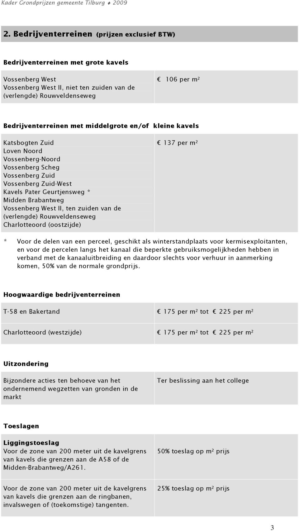 II, ten zuiden van de (verlengde) Rouwveldenseweg Charlotteoord (oostzijde) 137 per m² * Voor de delen van een perceel, geschikt als winterstandplaats voor kermisexploitanten, en voor de percelen