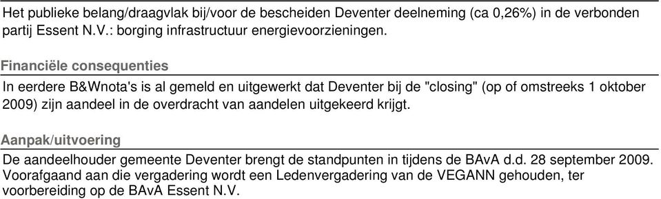 Financiële consequenties In eerdere B&Wnota's is al gemeld en uitgewerkt dat Deventer bij de "closing" (op of omstreeks 1 oktober 2009) zijn aandeel