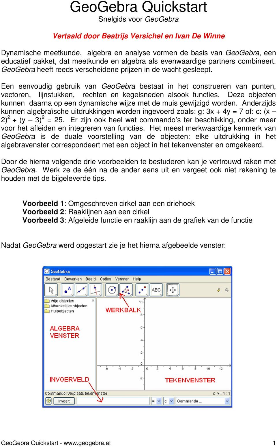 Een eenvoudig gebruik van GeoGebra bestaat in het construeren van punten, vectoren, lijnstukken, rechten en kegelsneden alsook functies.